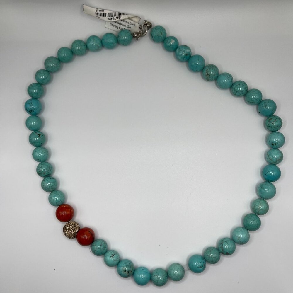 Handmade USA Sterling Silver 925 Necklace Genuine Turquoise‎ & Coral Beads